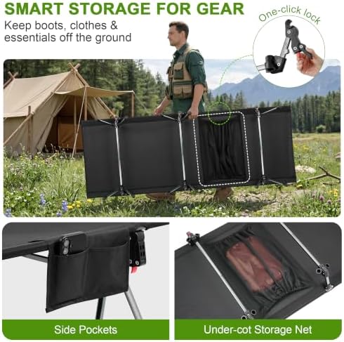 Height Adjustable Camping Cot, 350lbs Heavy-Duty Aluminum Frame, Black - Image 5