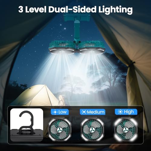 Dual Head Portable Rechargeable Fan 20000mAh Battery Powered Fan Camping Cordless with 360° Air Delivery, LED Lantern & Remote, Auto Oscillation, Battery Operated for Tent Office Travel Picnic Jobsite - Image 4
