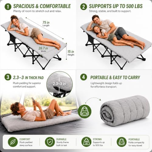 Folding Camping Cot for Adults with Pad, Padded Portable Sleeping Cots, Camp Bed for Outdoor Travel, Beach, Hiking - Image 2