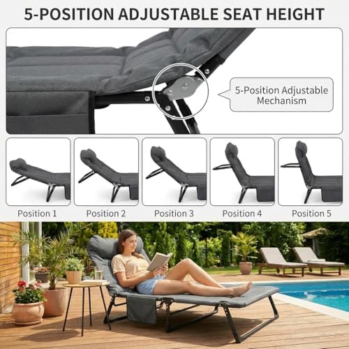 DXZ Folding Camping Cot for Adults, 6-Position Adjustable Reclining Cot with Mattress and Pillow, Heavy Duty Portable Sleeping Bed with Side Pocket for Camping, Patio, Office Nap and Home Rest, Grey - Image 4