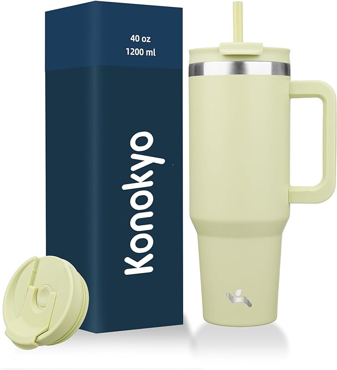 40 oz Tumbler with Handle and 2 Straws, 2 in 1 Lid Insulated Water Bottle by Konokyo