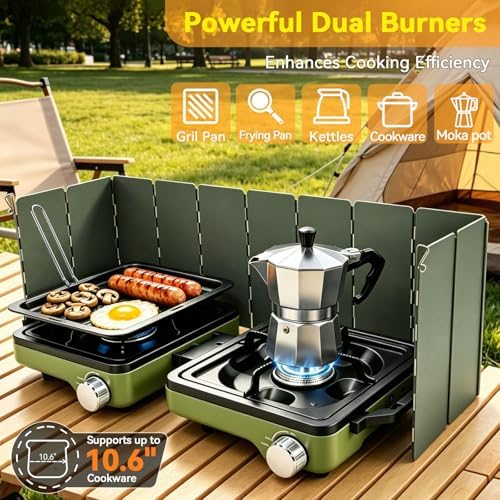 2 Burner Camping Stove with Windshield, 24000 BTU Propane Camp Stove, Portable Folding Camp Stove with Frying Pan, Coffee Stand & Carry Bag, Camping Essentials for Picnic, RV, Camp kitchen, Green - Image 2