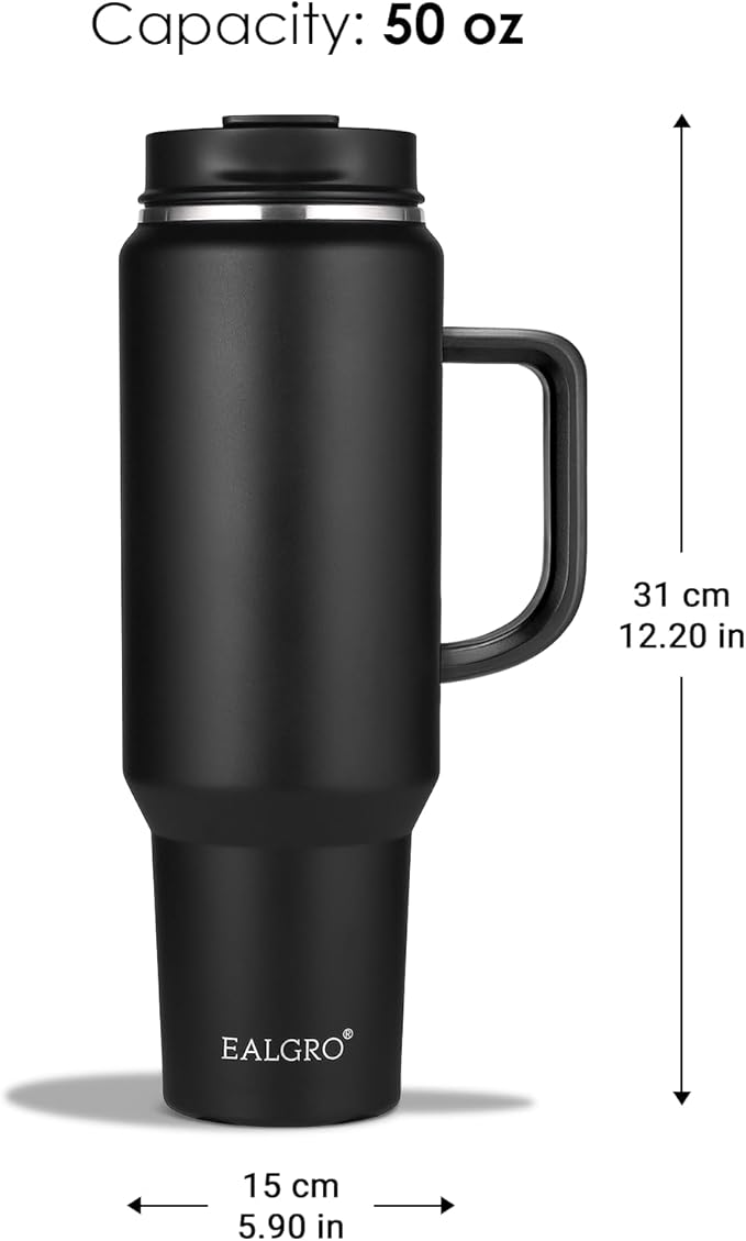 EALGRO 50 oz Tumbler with Handle, Insulated Tumblers with Lid and Straw, Large Metal Sports Water Bottle Jug, Thermal Stainless Steel Travel Coffee Mug Cup, Black - Image 4