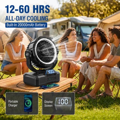 9-Inch Rechargeable Camping Fan 【Auto-Oscillating, Max 60H】20000mAh Portable Battery Powered Operated Fan,Light,Timer,Hook,Outdoor Tent Fans for Patios,Beach,Fishing,Emergency,Camping Gear Essentials - Image 4