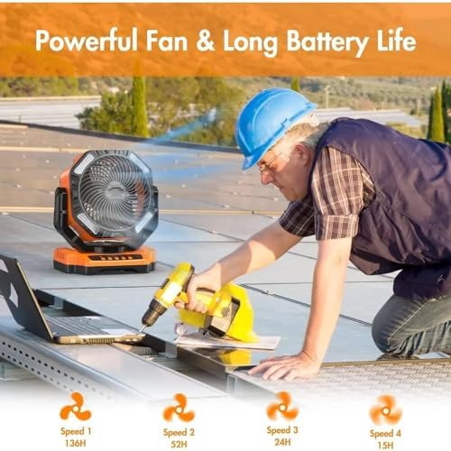 Camping Fan with LED Lantern, 40000mAh Rechargeable Battery Operated Outdoor Tent Fan with Light & Hanging Hook, 4 Speeds, Personal USB Desk Fan for Camping, Power Outage(Orange) - Image 5