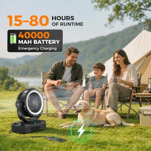 11-Inch Rechargeable Camping Fan【Auto-Oscillating & Remote】40000mAh Portable Battery Powered Operated Fan,Light,Timer,Hook,Outdoor Tent Fans for Patios,Beach,Fishing,Emergency,Camping Gear Essentials - Image 5