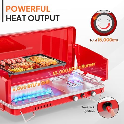 ROVSUN 2-in-1 Portable Camping Stove & Propane Grill with Enamel Griddle & Piezo Igniter, Tabletop Camp Stove with Built-in Handle, Wind Panel & Regulator for Camping, Tailgating, Grilling (Red) - Image 2