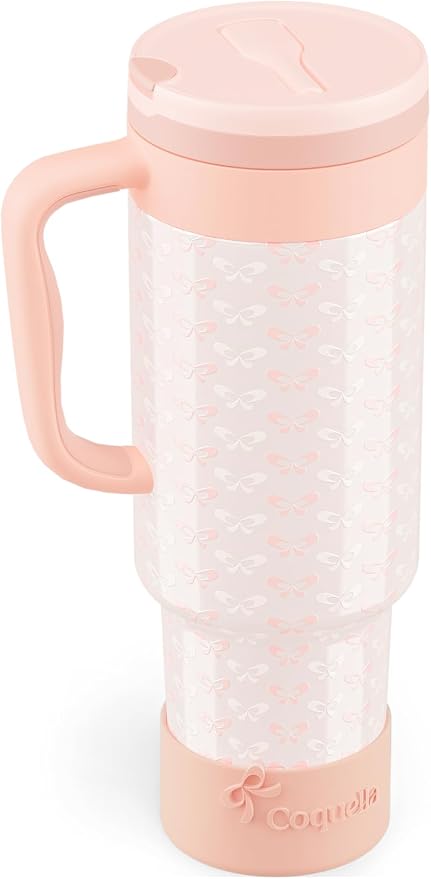40 oz Insulated Tumbler with Handle and Push-Button Straw Lid, Stainless Steel Travel Cup for Gym Office, Leakproof, BPA-Free, Cup Holder Friendly, Bow Silicone Boot, Cream (Coquette Peachy) by Coquella