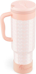 40 oz Insulated Tumbler with Handle and Push-Button Straw Lid, Stainless Steel Travel Cup for Gym Office, Leakproof, BPA-Free, Cup Holder Friendly, Bow Silicone Boot, Cream (Coquette Peachy) by Coquella