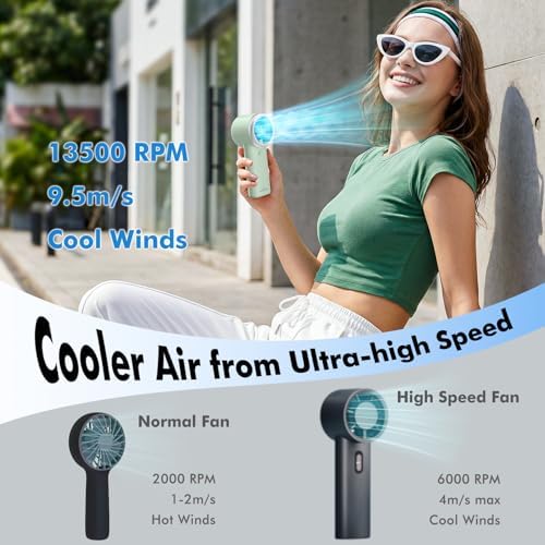 WHATOOK Portable Handheld Turbo Fan, 5 Speeds Mini Personal Fan with 4000mAh Rechargeable Battery, Small Pocket Fan for Travel Essentials, Beach, Office, Gifts for Women Men - Mint Green - Image 3