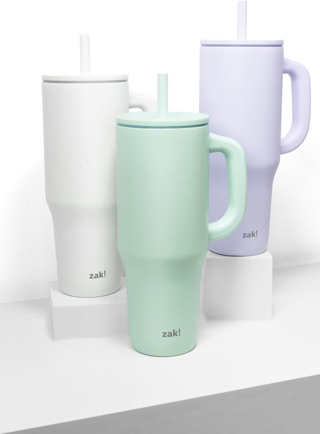 Zak Designs Sutton Travel Tumbler for On the Go, 40oz Stainless Steel with Vacuum Insulation, Silicone Straw, and Carry Handle for Cold Drinks (Cream White) - Image 9