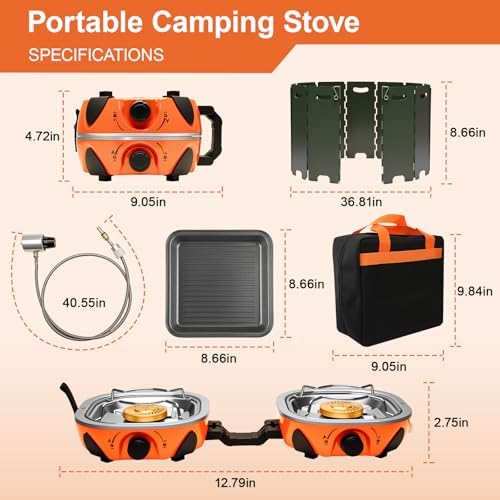 2 Burner Propane Camping Stove with Windshield,20,000 BTUs Folding Portable Camp Stove with Frying Pan,Carrying Bag,Dual Gas Stoves Easy Carrying for Tailgating,Camping,BBQ (Orange, Medium) - Image 5