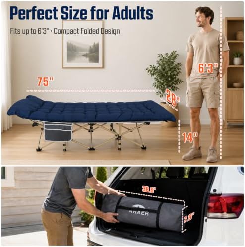 ARAER Camping Cot for Adults, 28in Wide with Mattress (Navy Blue) - Image 3