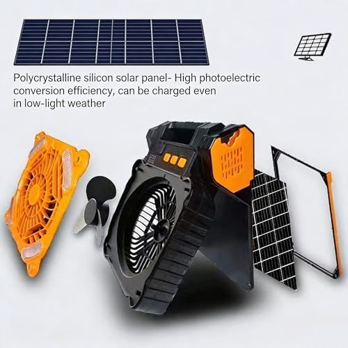 Upgraded Solar Camping Fan with Lantern - Rechargeable Battery Operated Fan 90° Adjustable Portable Table Fan for Hurricane Power Indoor Outdoor Use(Orange) - Image 2