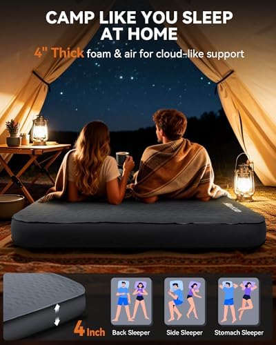 Hikenture 4" Thick Self Inflating Sleeping Pad, Foam & Air Camping Mattress - Image 2