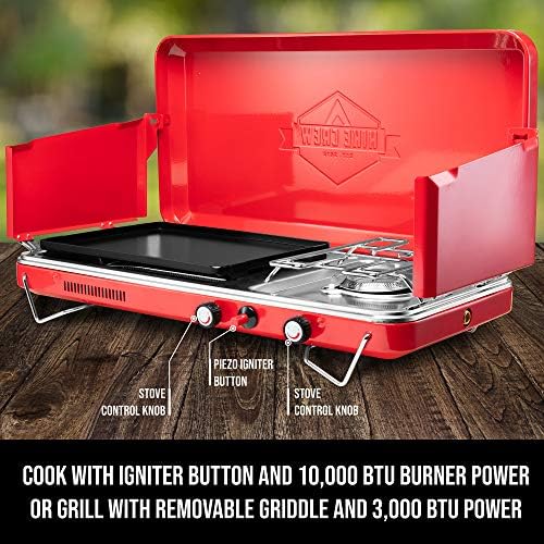 Hike Crew 2-in-1 Gas Camping Stove and Griddle, Portable Propane Burner w/Integrated Igniter & Stainless Drip Tray | Built-in Carrying Handle, Foldable Legs & Wind Panels | Includes Regulator - Image 2
