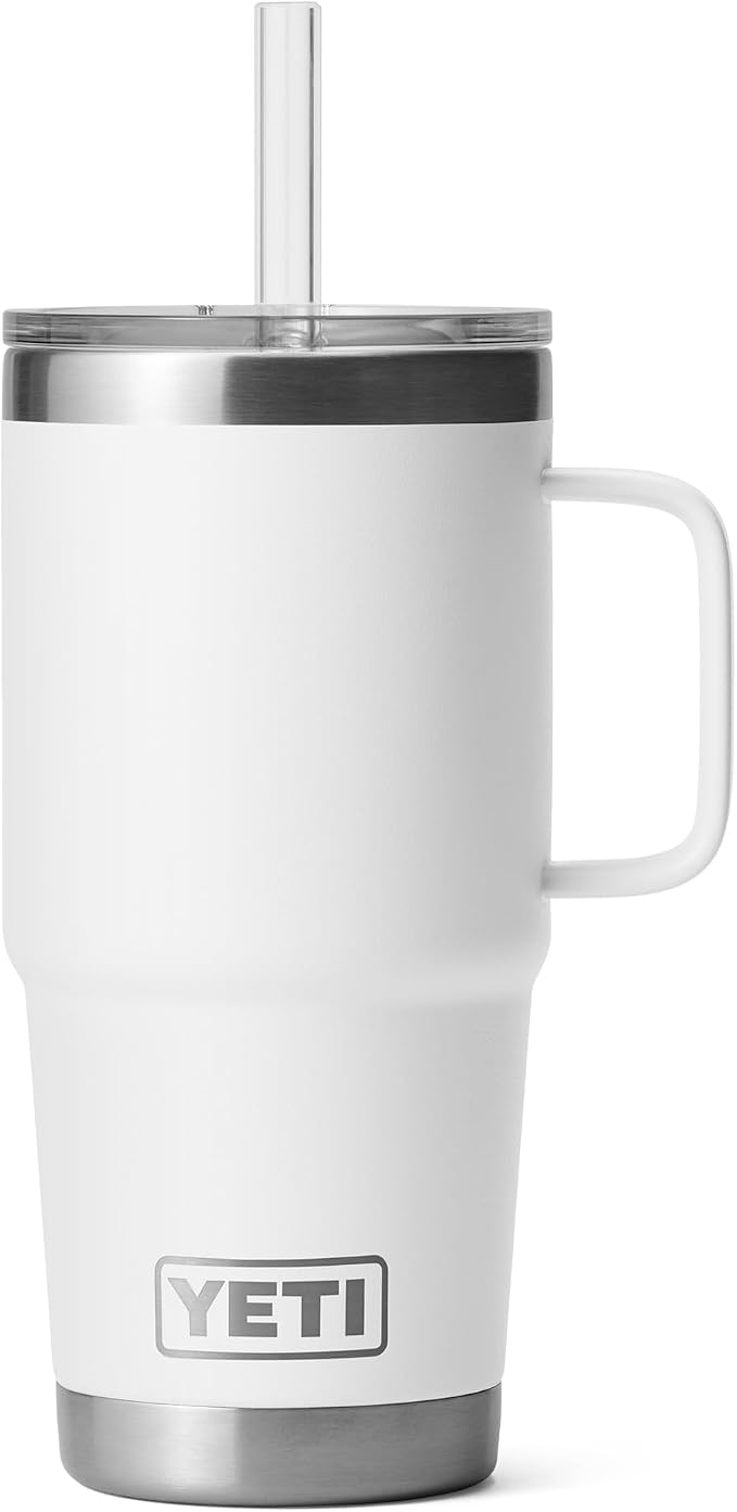 YETI Rambler 25 oz Tumbler with Handle and Straw Lid, Travel Mug Water Tumbler, Vacuum Insulated Cup with Handle, Stainless Steel, White by YETI