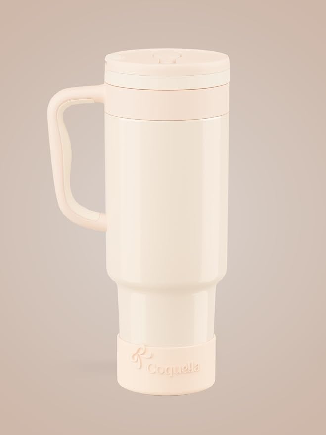 40 oz Insulated Tumbler with Handle and Push-Button Straw Lid, Stainless Steel Travel Cup for Gym Office, Leakproof, BPA-Free, Cup Holder Friendly, Bow Silicone Boot, Cream (Cloudy Cream) - Image 2