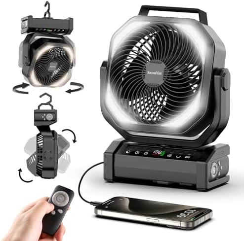 Socool Camping Fan with Light - 20000mAh Rechargeable Battery Fan, 112Hrs Max Run Time, 9 Speeds, Digital Display, Timer, Auto Oscillation, 270° Pivot & Hook for Camping, Power Outage, Hurricane by Socoolfancoolinhand