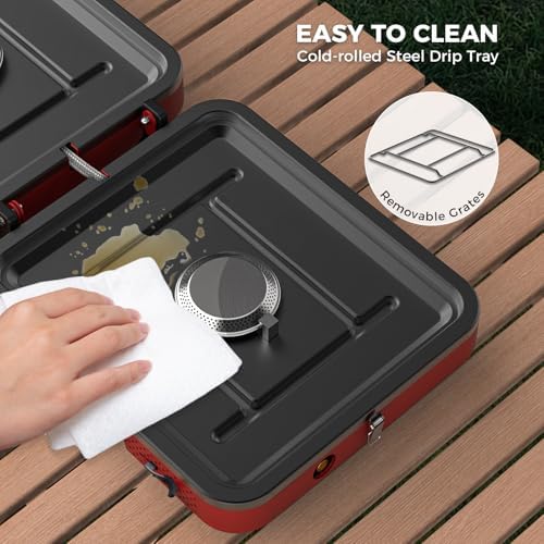 CAMPLUX FoldGo 2 Burner Portable Camping Stove 17,200 BTU, Foldable Propane Stove for Outdoor Cooking with Carry Bag, Portable Gas Stove with 2 Adjustable Burners, Red - Image 4