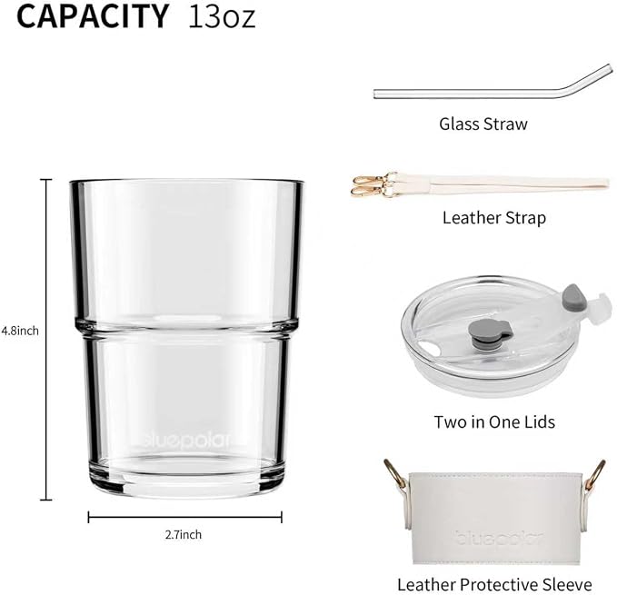 BLUEPOLAR 13oz/400ml Glass Water Tumbler with Straw and Lid Sealed Carry on Thick Wall Iced Coffee Cup for Water, Iced Tea, Fruit Juice (White with Sleeve and Strap) - Image 4