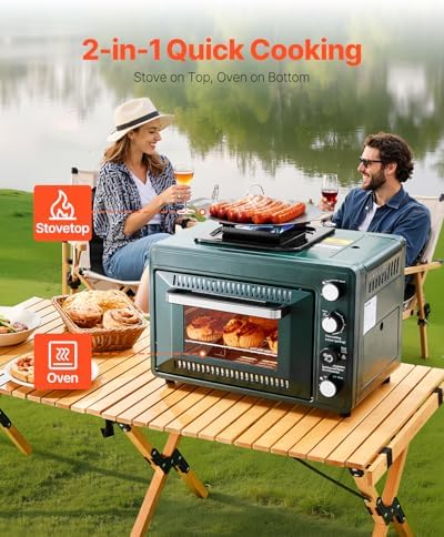 VEVOR Outdoor Camping Oven, 2-in-1 Portable Gas Camping Stove Oven Combo, Adjustable Fire, 60-Minute Timer, Windproof, for Camping Backyard Picnic Outdoor Cooking, Universal Butane Canister Compatible - Image 2