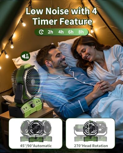 Camping Fan with Remote, 30000mAh Rechargeable Battery Operated Tent Fans with LED Light & Hook, Quiet USB-C Fan for Outdoor Camping, Power Outage, Car, Travel(Green) - Image 7