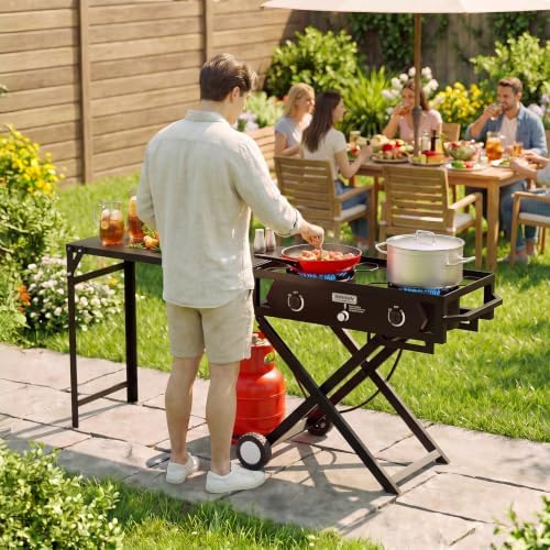 ROVSUN 2 Burner Foldable Gas Stove with Side Table, 150,000 BTU Portable Propane Stove with Ignition & Regulator for Camping Home Backyard Cooking Brewing Canning Turkey Frying - Image 7