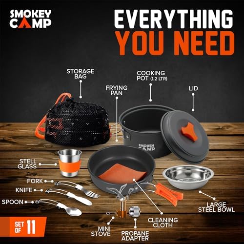 Smokey Camp Camping Cookware Mess Kit Set with Stove - Backpacking Camping Pots and Pans Set, All in One Non-Stick Camping Cooking Set, Portable Stove, Hiking, Picnic, Outdoor & Camping Cookware Set - Image 3