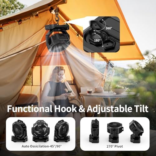 Socool 40000mAh Camping Fan Rechargeable, Battery Operated Portable Outdoor Fan Remote, 136Hrs & 4-Speed Cordless Oscillating, Table Fan with Light & Timer for Tent RV Jobsite Hurricane Power Outage - Image 4
