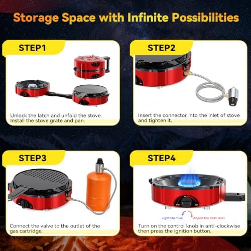 Two-Burner Camping Stove for Propane,20000 BTU Foldable Portable Camp Stove, Piezo Ignition & Adjustable Burners,Outdoor Gas Cooker with Carry Bag & Windproof for Camping, RV, Tailgating - Deep Red - Image 4