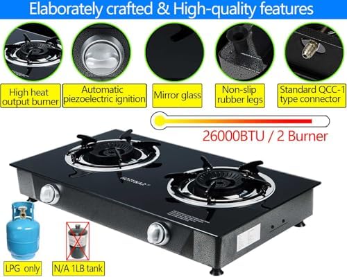 Horynar Propane Stove 2 Burner Gas Stove Auto Ignition 26000 BTU Tempered Glass Propane Burner LPG with CSA Hose for Outdoor Cooking, Emergency - Image 5