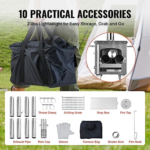 VEVOR Camping Wood Stove Stainless Steel Camping Tent Stove, Portable Wood Burning Stove with Chimney Pipes & Gloves, 1646in³Firebox Hot Tent Stove for Outdoor Cooking and Heating with 8 Pipes - Image 4