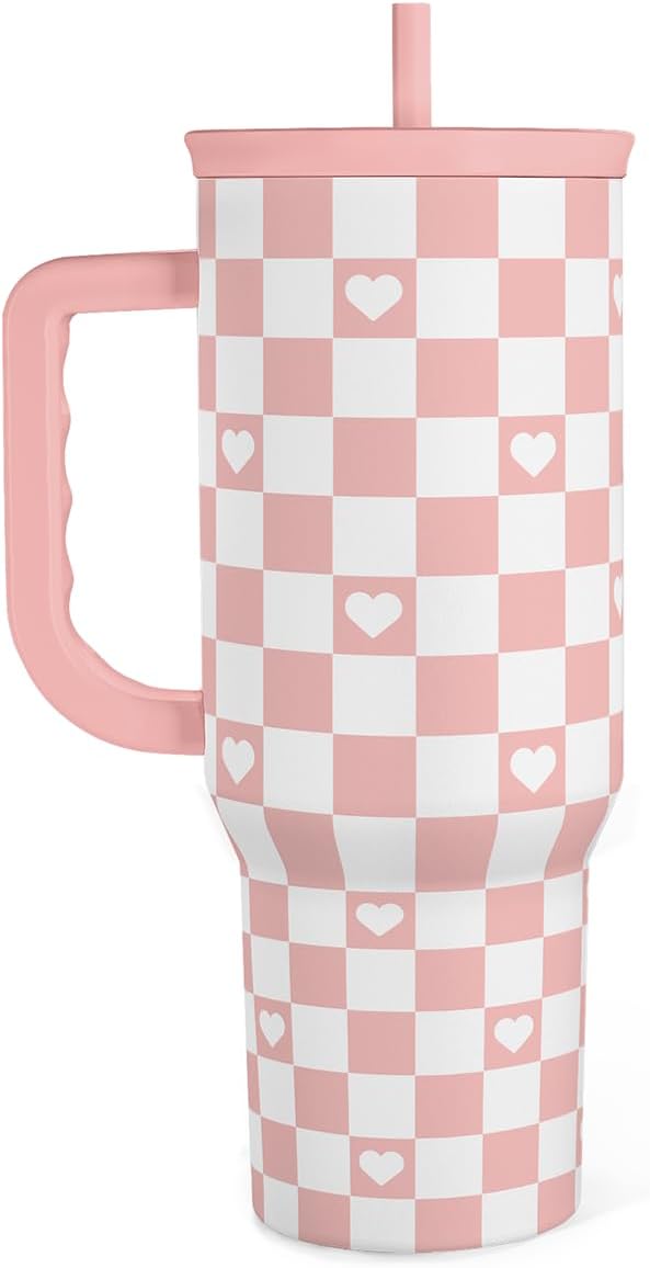40oz Checkered and Heart Tumbler with Handle and Straw - Insulated Stainless Steel Travel Coffee Mug for Women Girls, Gift for Birthday, Christmas by SANDJEST