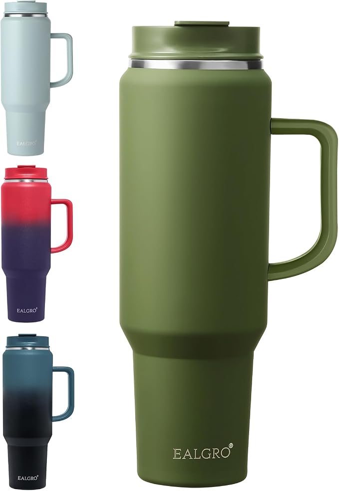 EALGRO 50 oz Tumbler with Handle, Insulated Tumblers with Lid and Straw, Large Metal Sports Water Bottle Jug, Thermal Stainless Steel Travel Coffee Mug Cup, Army Green by EALGRO