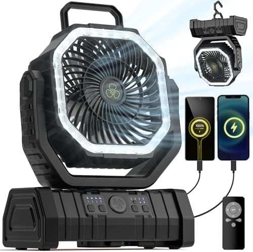 Camping Fan - 20000mAh Battery Powered Fan Rechargeable with LED Lantern - Portable Outdoor Tent Fans with Hanging Hook 4 Speeds Wind Remote Control, Black by VOSFEEL