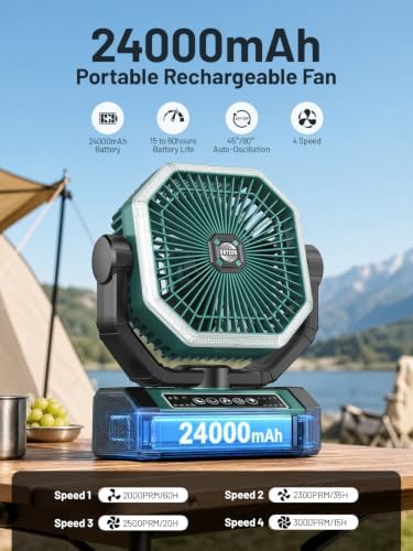 Portable Rechargeable Fan - 9-Inch Camping Fan for Tent, 24000mAh(60Hrs) Battery Operated Fan for Camping, Auto Oscillation Cordless Fans, Tent Fan with Remote/Light, 4 Speeds, 4 Timing, Outdoor - Image 2