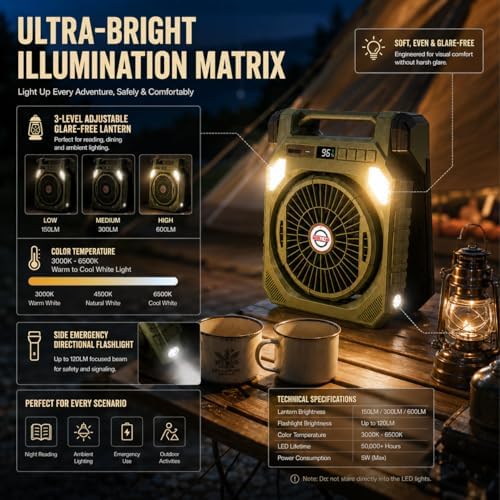 Rechargeable Solar Powered Fan, Camping Fan with 7W Solar Panel and LED Lantern, Quiet Function, Power Bank, Foldable Angle, with Timer, Max 42H Runtime, for Travel Outdoor Camping (Green) - Image 6