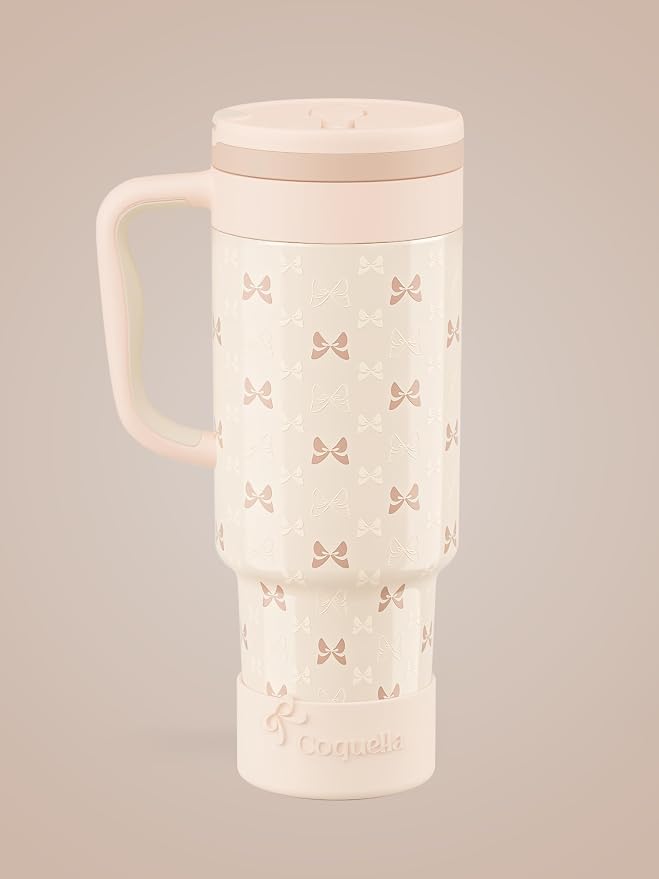 40 oz Insulated Tumbler with Handle and Push-Button Straw Lid, Stainless Steel Travel Cup for Gym Office, Leakproof, BPA-Free, Cup Holder Friendly, Bow Silicone Boot, Cream (Bow Cream) - Image 2