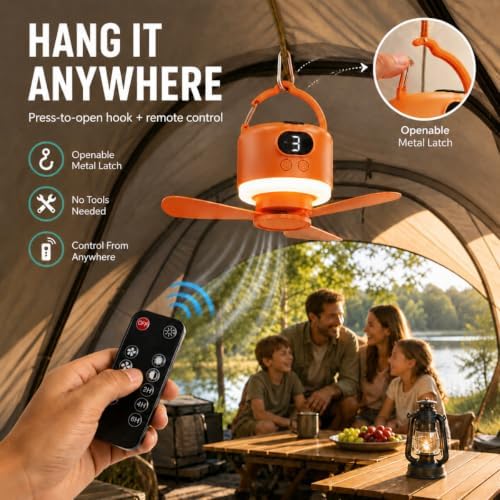 Camping Tent Fan with Light, Rechargeable Hanging Fan with Remote (Orange) - Image 6