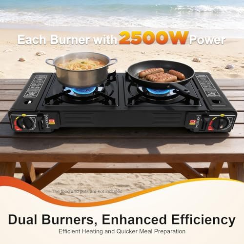 2-Burner Portable Camping Stove, Butane Camping Stove with Non-sticking Grill Tray, Outdoor Travel Camp Stove for Camping, BBQ, Home - Image 2
