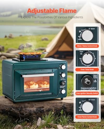 VEVOR Outdoor Camping Oven, 2-in-1 Portable Gas Camping Stove Oven Combo, Adjustable Fire, 60-Minute Timer, Windproof, for Camping Backyard Picnic Outdoor Cooking, Universal Butane Canister Compatible - Image 3