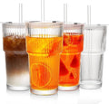 20 oz Glass Tumblers, Iced Coffee Cups with Lids and Glass Straws, Thickened Wall Glass Cups, Ideal for Smoothies, Cocktails, and Juices – Vintage and Durable Drinkware – 4 Pack by MINGHYZYA