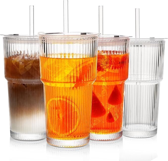 20 oz Glass Tumblers, Iced Coffee Cups with Lids and Glass Straws, Thickened Wall Glass Cups, Ideal for Smoothies, Cocktails, and Juices – Vintage and Durable Drinkware – 4 Pack by MINGHYZYA