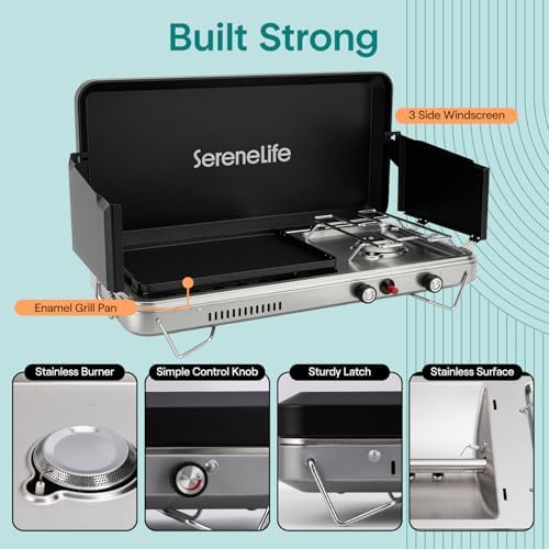 Camping Stove 2 in 1 Griddle Combo Portable Propane Camp Stove with Griddle Plate 10000 BTU Stove 5000 BTU Griddle Compact Outdoor Cooking for Camping Tailgating RV Backyard - Image 4