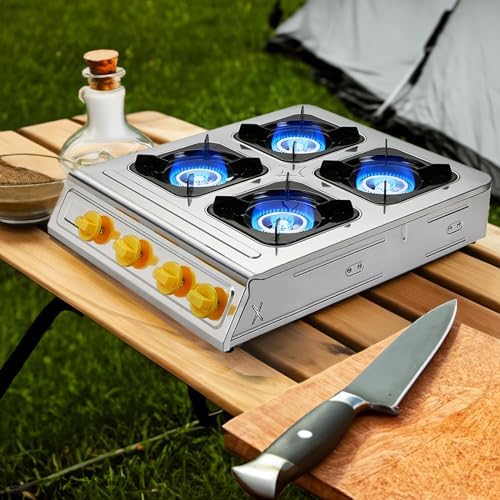 Vivicreate 4 Burner Propane Gas Stove 40000 BTU Stainless Steel Cooktop with Enamel Pan Support Electronic Ignition for Camping Outdoor Cooking BBQ Fogón de Estufa de Gas Portátil - Image 3
