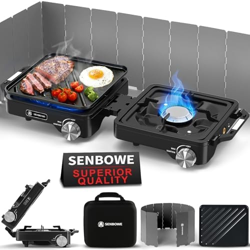 2-Burner Pro Camping Stove,24000 BTU Camp Stove,Foldable Propane Stove Includes Carry Bag,Windscreen Griddle, Portable Stove,Camping Essentials,Suitable For Outdoor Cooking (Black) by Unknown
