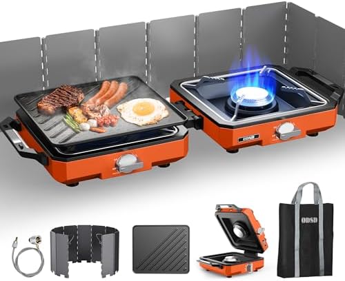 ODSD 2 Burner Camping Stove with Windshield, 20000 BTU Propane Camp Stove, Portable Folding Gas Stove, Camping Essentials Gears Includes Frying Pan, Coffee Stand & Carry Bag (Orange) by ODSD