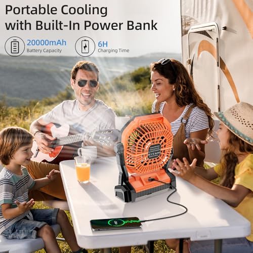 Camping Fan Rechargeable, 20000mAh Battery Powered Portable Fan with LED Light, 4-Speed 180° Adjustable, Camping Essentials for Tent, Travel, Car, Outdoor, Indoor, BBQ, Fishing, Jobsite - Orange - Image 6