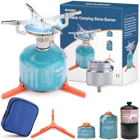 Collapsible Backpacking Camping Stove with 1LB Propane Tank Adapter, Stand by WADEOmakeyourlifebetter